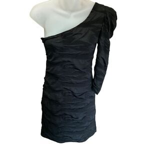 Papaya One Shoulder Ruffle Wavy Black Mini Dress Left Sleeve Junior Large